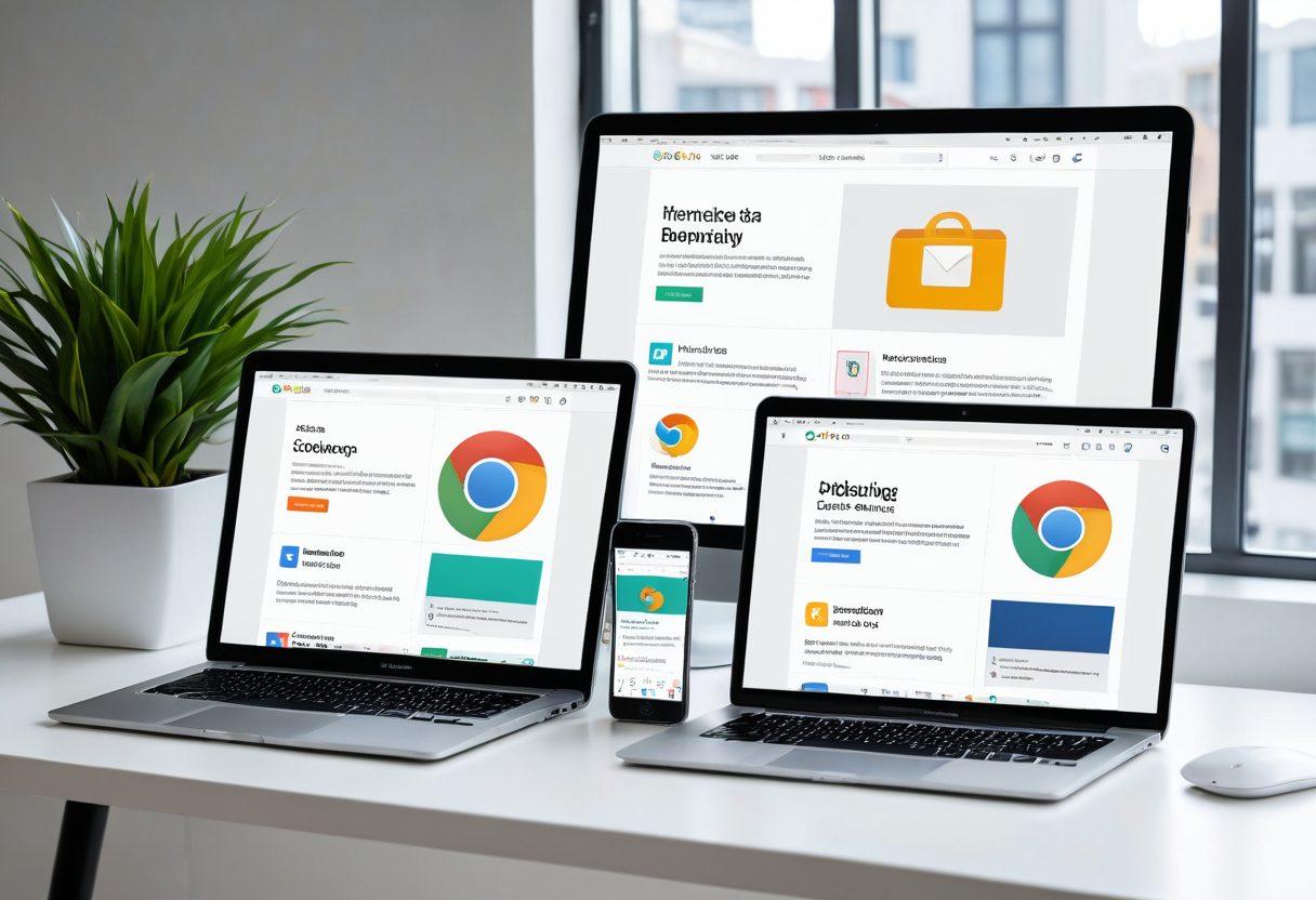 A modern digital workspace with multiple devices (laptop, tablet, smartphone) all displaying the same website but adapting fluidly to different screen sizes, surrounded by browser icons (Chrome, Firefox, Safari, Edge) to emphasize cross-browser compatibility. The background should showcase a professional tech environment with clean lines and a subtle tech-themed color palette. super-realistic. vibrant colors. white background.
