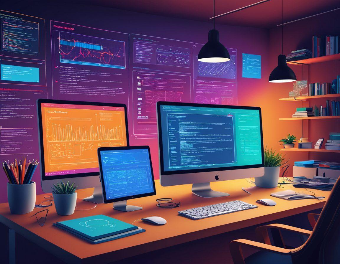 A dynamic scene showing a developer's workspace with a computer screen displaying cascading lines of HTML, CSS, and JavaScript code, surrounded by design sketches, colorful UI components, and UX flowcharts. Include a diverse group of developers collaborating, with some engaged in coding and others discussing design elements. vibrant colors. vector art.