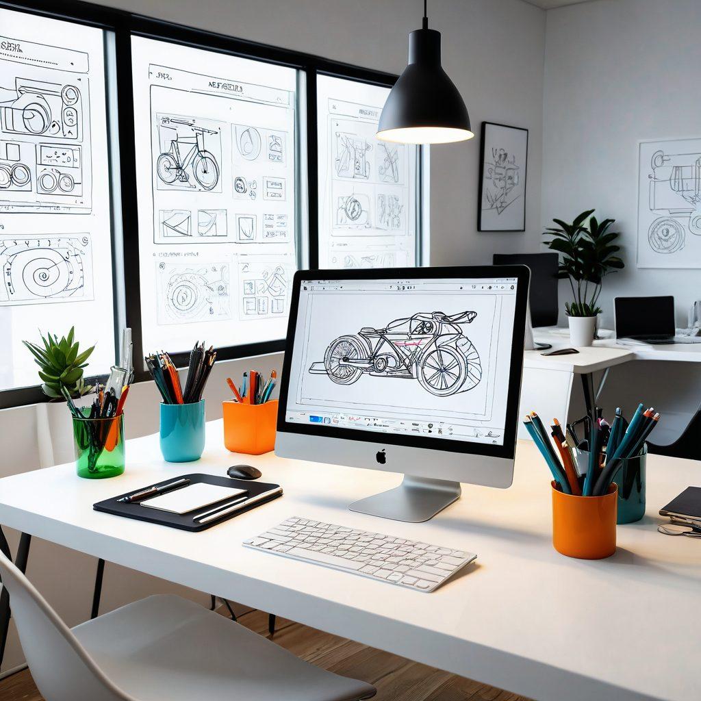 A sleek, modern interface design process in action, showcasing high-fidelity wireframes, color palettes, and interactive prototypes on a designer's workspace with a laptop, tablet, and sketches. Include a designer intently focused, surrounded by ambient lighting and minimalist decor. super-realistic. vibrant colors. white background.